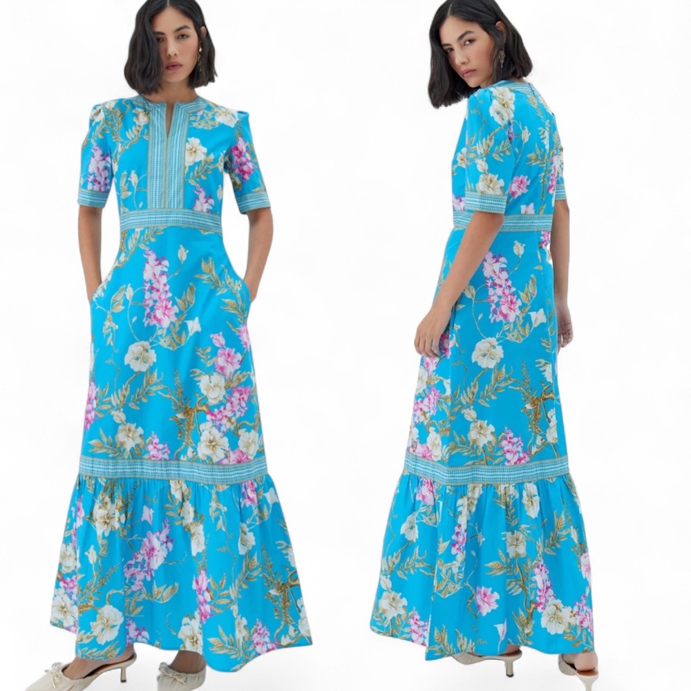 Raishma Maxi Dress Darcie UK 12 US 8 M Cotton Blue Floral Coastal Vacation Boho